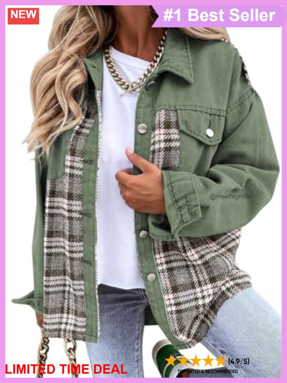 Oversized Button Down Plaid Denim Shacket with Pockets